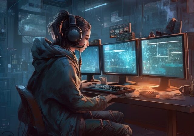 Cyber Security Training represented by image of female hacker in front of computer screens.